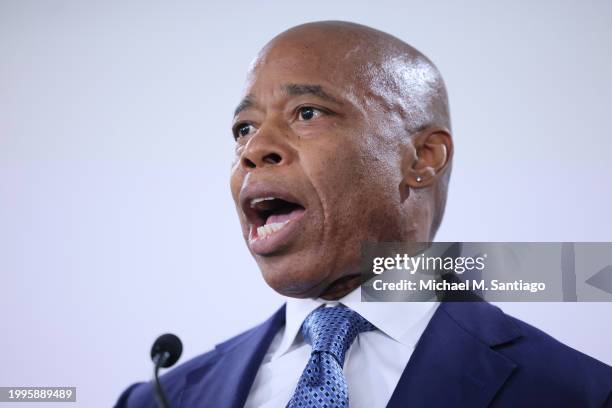 Mayor Eric Adams speaks during a press conference at the office of the District Attorneys on February 08, 2024 in New York City. Mayor Adams and NYPD...