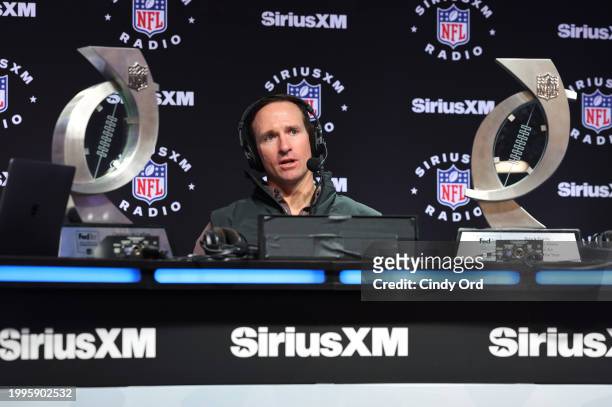 Drew Brees speaks on SiriusXM at Super Bowl LVIII on February 08, 2024 in Las Vegas, Nevada.