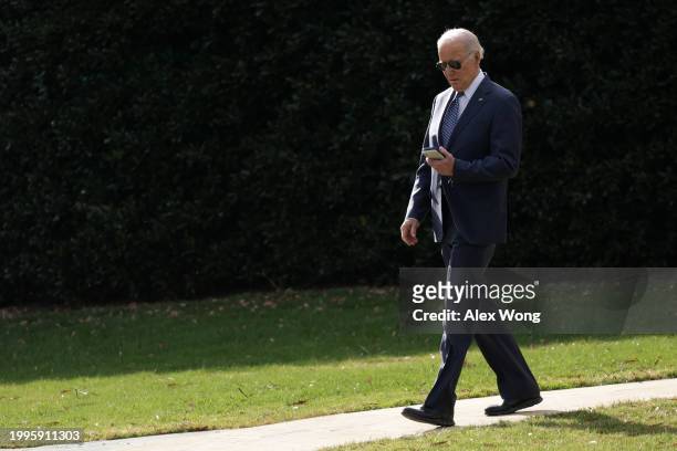 President Joe Biden walks towards to the Marine One prior to a South Lawn departure from the White House on February 8, 2024 in Washington, DC....