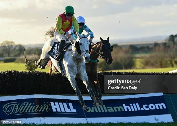 Meath , Ireland - 11 February 2024; Young Dev, left, with Daniel King up, jumps the last on their way to winning the William Hill Handicap...