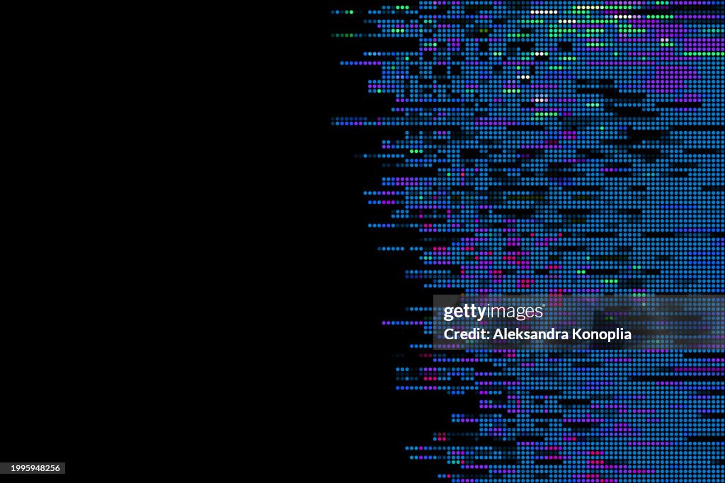Abstract led screen texture, Dot RGB tv background, Half tone dots, Motion Glitch interlaced Multicolored Distorted textured futuristic design with Circle color Variation Horizontal striped Pattern. Digital signal, Broadcasting error border.