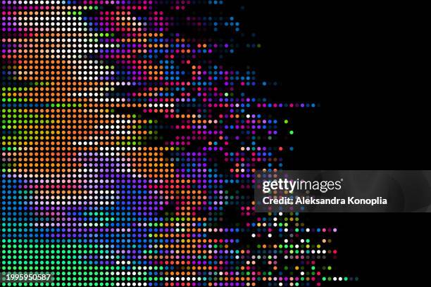 abstract dot display graphics. colorful pixels and colored blocks on a black background with copy space, half tone dots in the style of distortion and fragmentation - halftone screen stock pictures, royalty-free photos & images