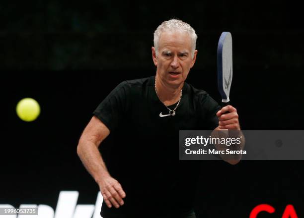 John McEnroe plays Pickleball on February 4, 2024 in Hollywood, Florida. Tennis legends Andre Agassi, Steffi Graf, John McEnroe, and Maria Sharapova...