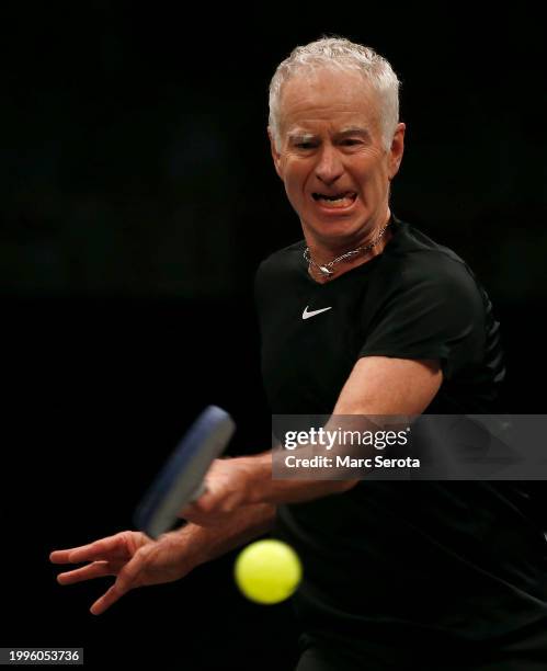 John McEnroe plays Pickleball on February 4, 2024 in Hollywood, Florida. Tennis legends Andre Agassi, Steffi Graf, John McEnroe, and Maria Sharapova...