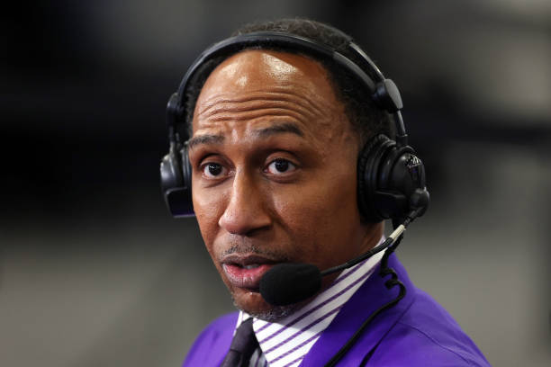 Sports television personality Stephen A. Smith is seen on Radio Row ahead of Super Bowl LVIII at the Mandalay Bay Convention Centeron February 08,...