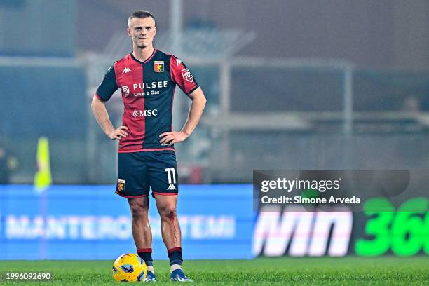 Albert Gudmundsson of Genoa reacts with disappointment after Charles De Ketelaere of Atalanta has scored a goal during the Serie A TIM match between...