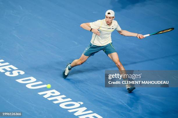 France's Ugo Humbert hits a return to Bulgaria's Grigor Dimitrov during their ATP Open 13 final tennis match on February 11, 2024 in Marseille,...