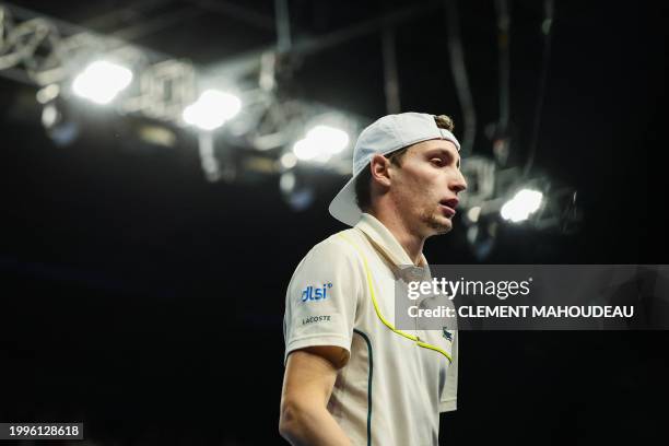 France's Ugo Humbert reatcs after a point against Bulgaria's Grigor Dimitrov during their ATP Open 13 final tennis match on February 11, 2024 in...