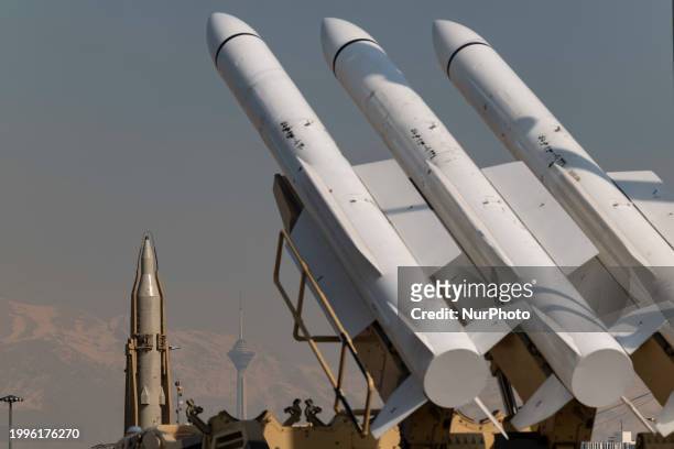 Iranian missiles are being displayed at the Azadi square in western Tehran during a rally to mark the 45th anniversary of the Victory of Iran's 1979...