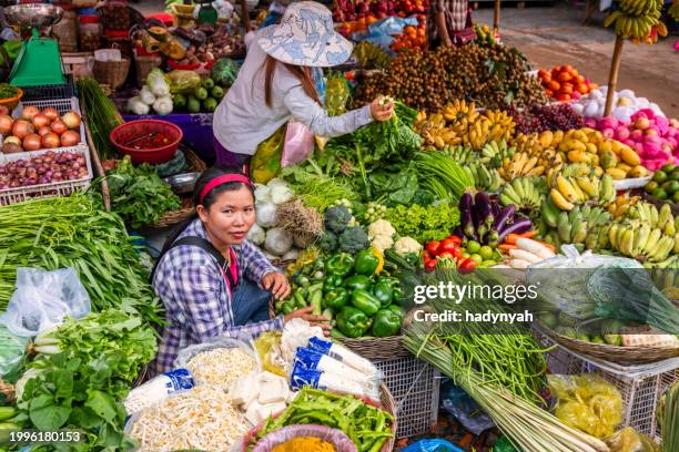 cambodian women selling fresh fruits and vegetables, cambodia - kambodschanische kultur stock-fotos und bilder