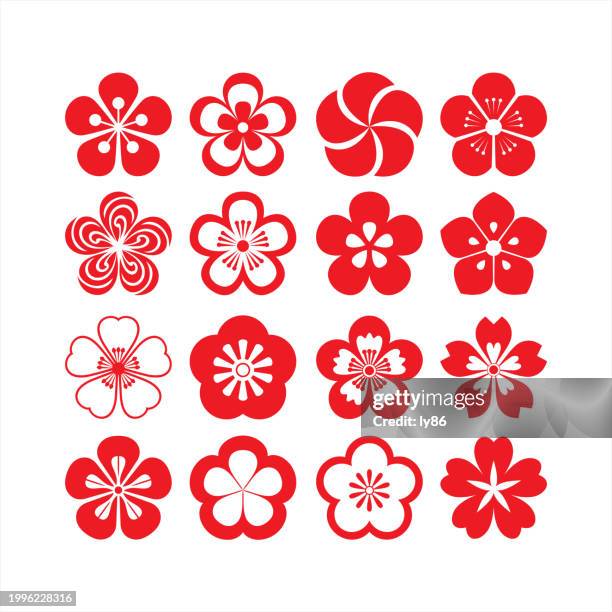 ilustraciones, imágenes clip art, dibujos animados e iconos de stock de flor de cerezo 04, juego de 16 - flor de cerezo