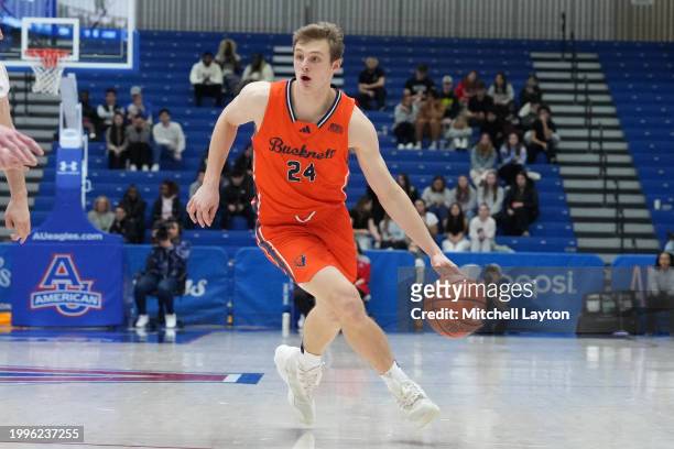 Jack Forrest of the Bucknell Bison dribbles the ball during a college basketball game against the American University Eagles at Bender Arena on...