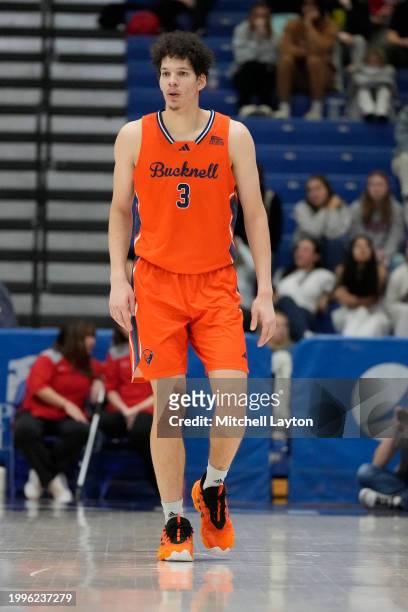 Noah Williamson of the Bucknell Bison looks on during a college basketball game against the American University Eagles at Bender Arena on February 3,...