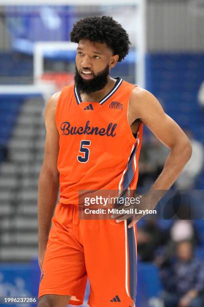 Elvin Edmonds IV of the Bucknell Bison looks ont during a college basketball game against the American University Eagles at Bender Arena on February...