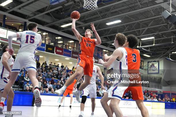 Jack Forrest of the Bucknell Bison takes a shot during a college basketball game against the American University Eagles at Bender Arena on February...