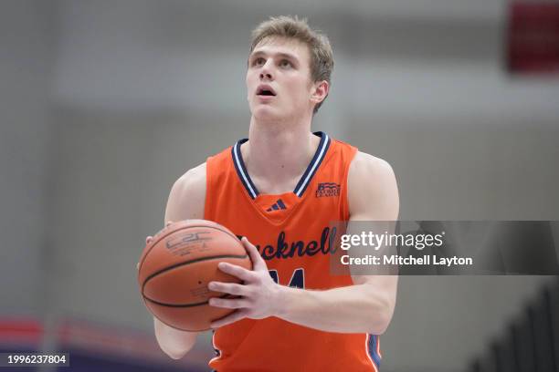 Jack Forrest of the Bucknell Bison takes a foul shot during a college basketball game against the American University Eagles at Bender Arena on...