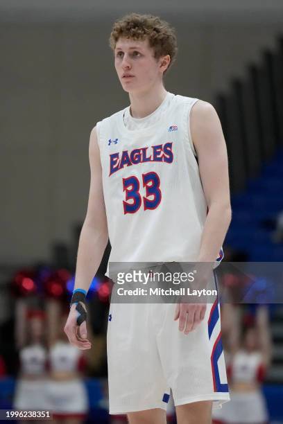 Matt Mayock of the American University Eagles looks on during a college basketball game against the Bucknell Bison at Bender Arena on February 3,...