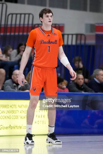 Noah Williamson of the Bucknell Bison looks on during a college basketball game against the American University Eagles at Bender Arena on February 3,...