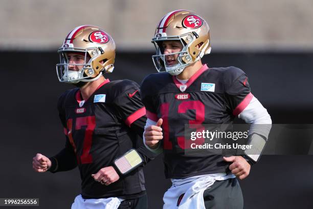 Brock Purdy and Brandon Allen participate during San Francisco 49ers practice ahead of Super Bowl LVIII at Fertitta Football Complex on February 08,...