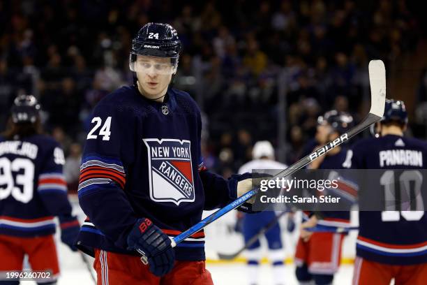 Kaapo Kakko of the New York Rangers looks on during the first period against the Tampa Bay Lightning at Madison Square Garden on February 07, 2024 in...