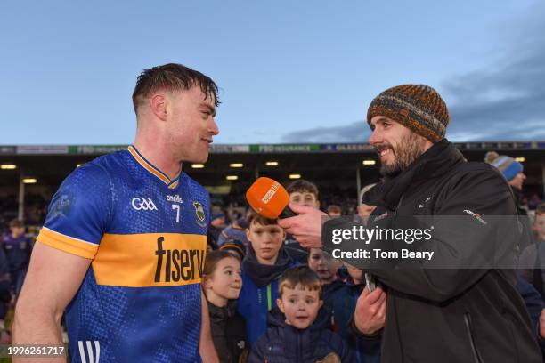 Tipperary , Ireland - 11 February 2024; Conor Bowe of Tipperary is interviewed by Cathal King of TG4 after the Allianz Hurling League Division 1...