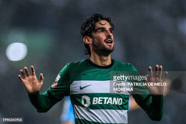 Sporting Lisbon's Portuguese forward Francisco Trincao celebrates after scoring his team's first goal during the Portuguese league football match...