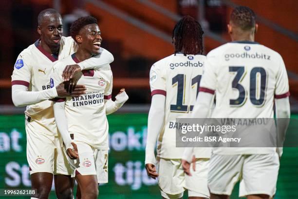 Isaac Babadi of PSV, Jordan Teze of PSV celebrate the fifth goal during the Dutch Eredivisie match between FC Volendam and PSV at Kras Stadion on...