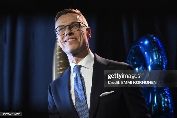 National Coalition Party presidential candidate Alexander Stubb reacts at his election reception in Helsinki, Finland, on February 11, 2024. Former...