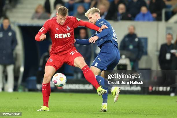 Steffen Tigges of Köln and Anton Stach of Hoffenheim during the Bundesliga match between TSG Hoffenheim and 1. FC Köln at PreZero-Arena on February...