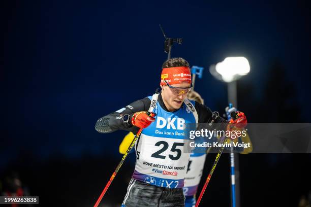 Philipp Horn of Germany in action during the Men 12.5 km Pursuit at the IBU World Championships Biathlon Nove Mesto na Morave on February 11, 2024 in...