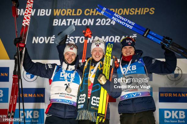 Second placed Sturla Holm Laegreid of Norway, first placed Johannes Thingnes Boe of Norway and third placed Vetle Sjaastad Christiansen of Norway...