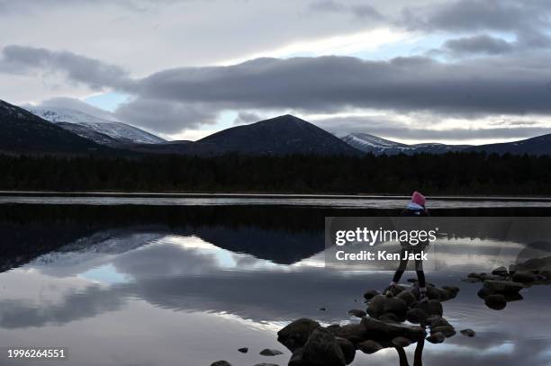 General view of the Cairngorms, with Loch Morlich in the foreground on February 11, 2024 in Aviemore, Scotland.