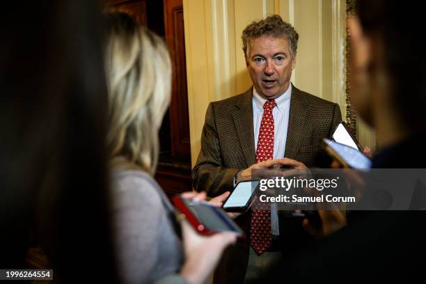 Sen. Rand Paul talks to reporters as he heads to the floor of the Senate for a vote on Capitol Hill on February 11, 2024 in Washington, DC. The...