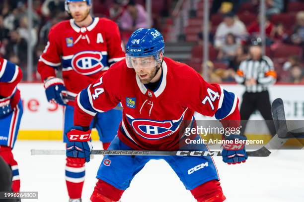 Brandon Gignac of the Montreal Canadiens gets in position for a faceoff during the second period of the NHL regular season game between the Montreal...
