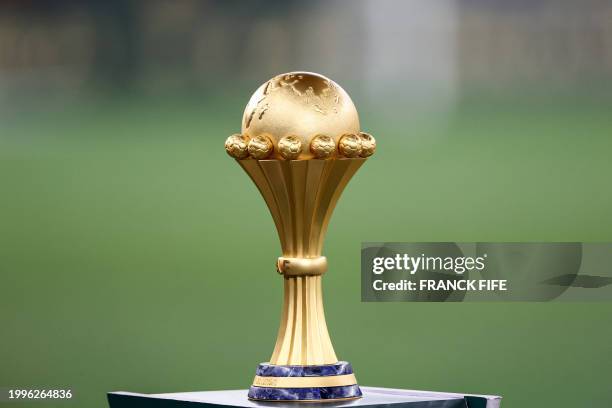 This photograph shows the trophy ahead of the Africa Cup of Nations 2024 final football match between Ivory Coast and Nigeria at Alassane Ouattara...