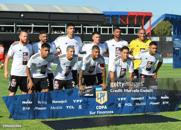 Players of Deportivo Riestra pose for a photo prior a Copa de la Liga 2024 group A match between Deportivo Riestra and River Plate at Estadio...