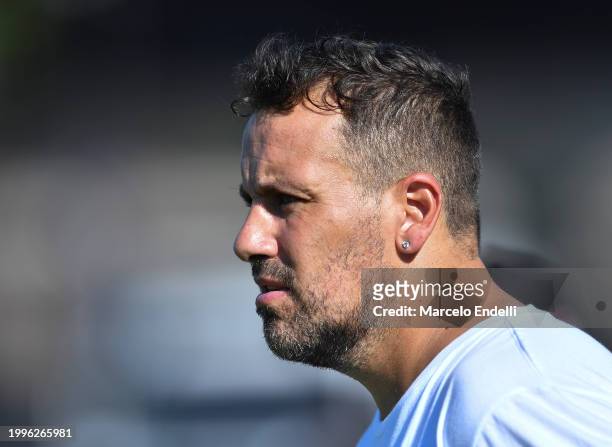 Cristian Fabbiani coach of Deportivo Riestra looks on prior a Copa de la Liga 2024 group A match between Deportivo Riestra and River Plate at Estadio...