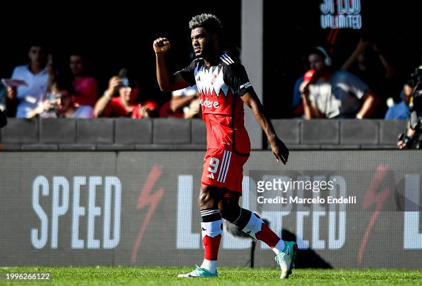 Miguel Borja of River Plate celebrates after scoring the team's first goal during a Copa de la Liga 2024 group A match between Deportivo Riestra and...