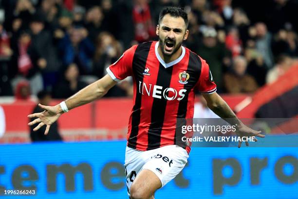 Nice's French forward Gaetan Laborde celebrates after scoring a goal during the French L1 football match between OGC Nice and AS Monaco at the...