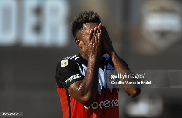 Miguel Borja of River Plate reacts during a Copa de la Liga 2024 group A match between Deportivo Riestra and River Plate at Estadio Guillermo Laza on...