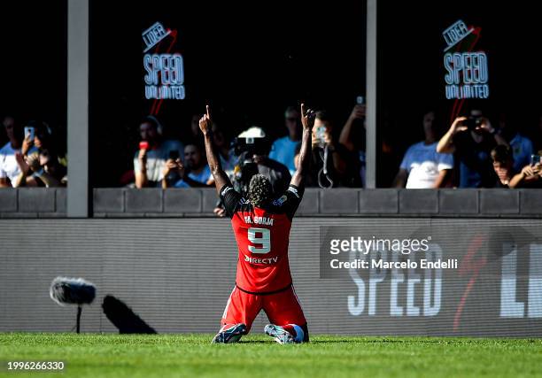 Miguel Borja of River Plate celebrates after scoring the team's first goal during a Copa de la Liga 2024 group A match between Deportivo Riestra and...
