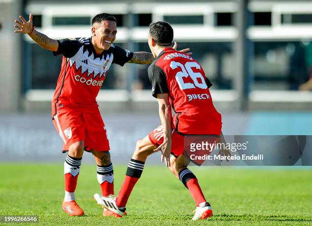 Ignacio Fernandez of River Plate celebrates with teammates after scoring the team's second goal during a Copa de la Liga 2024 group A match between...