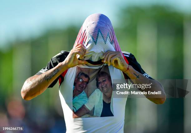 Marcelo Herrera of River Plate celebrates after scoring the team's third goal during a Copa de la Liga 2024 group A match between Deportivo Riestra...