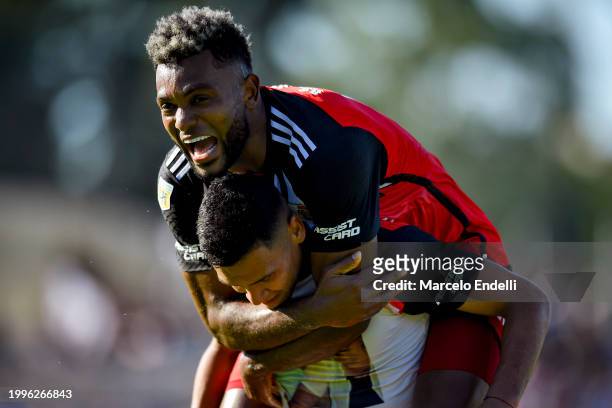 Marcelo Herrera of River Plate celebrates with teammate Miguel Borja after scoring the team's third goal during a Copa de la Liga 2024 group A match...
