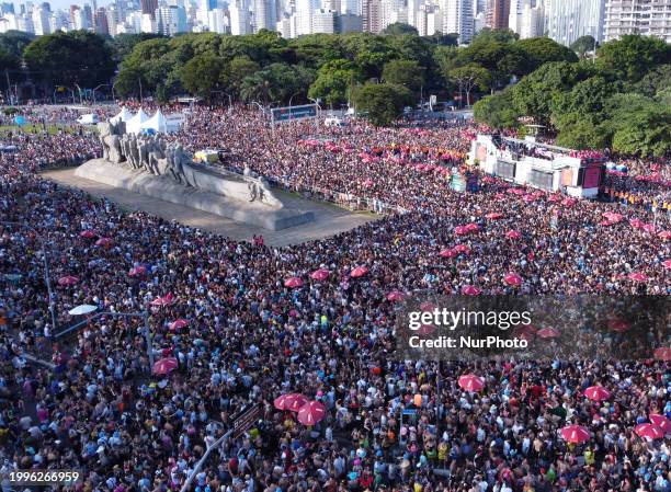 An aerial view is showing the performance of Bloco Agrada Gregos at Ibirapuera in Sao Paulo, on Saturday, February 10, 2024.