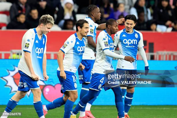 Monaco's Swiss midfielder Denis Zakaria celebrates after scoring a goal during the French L1 football match between OGC Nice and AS Monaco at the...