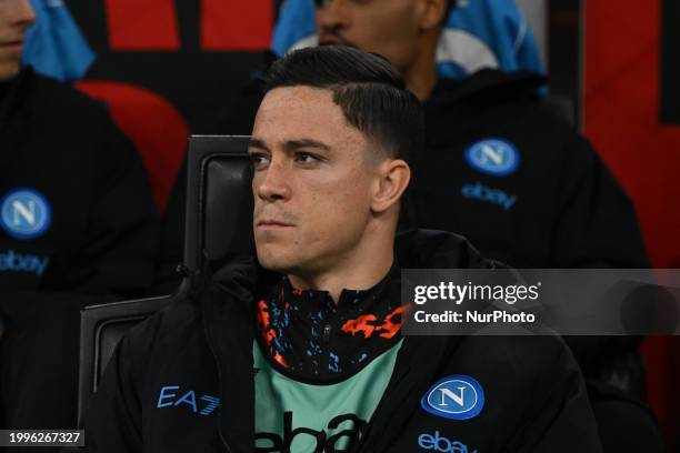 Giacomo Raspadori of SSC Napoli is playing during the Italian Serie A football match between AC Milan and SSC Napoli at the Giuseppe Meazza San Siro...