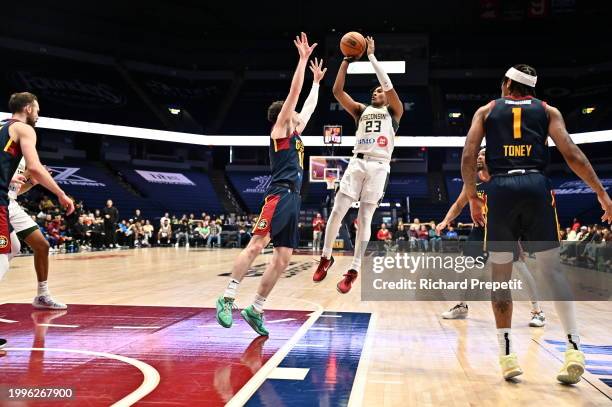 Tyty Washington of the Wisconsin Herd shoots the ball during the game against the Grand Rapids Gold on February 11, 2024 at the Van Andel Arena in...