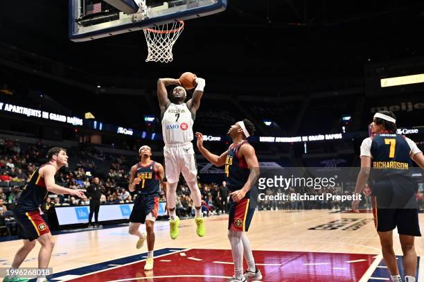 Chris Livingston of the Wisconsin Herd dunks the ball during the game against the Grand Rapids Gold on February 11, 2024 at the Van Andel Arena in...