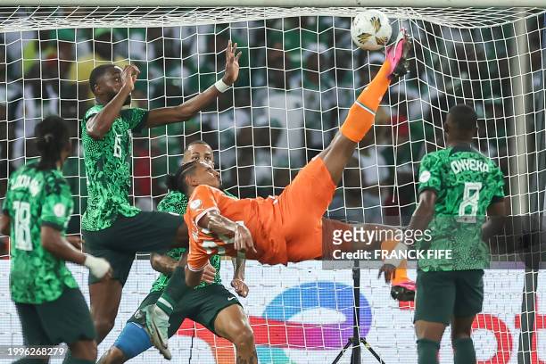 Ivory Coast's forward Sebastien Haller kicks the ball during the Africa Cup of Nations 2024 final football match between Ivory Coast and Nigeria at...